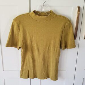 Anthropologie Shirt Womens M Green Ribbed Short Sleeve Cotton Mock Neck Tee